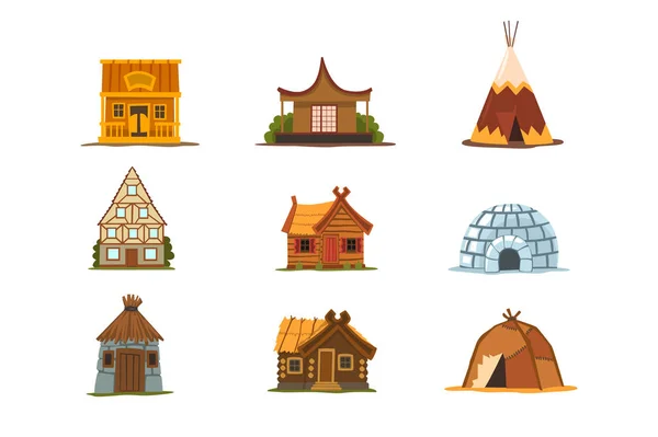 Bâtiments traditionnels de différents pays, maisons du monde entier vecteur Illustrations sur fond blanc — Image vectorielle