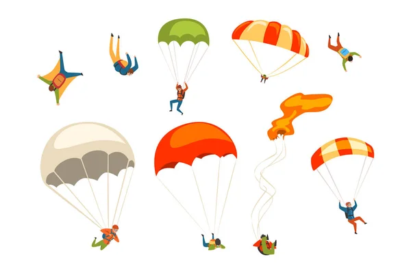 Skydivers flying with parachutes set, extreme parachuting sport and skydiving concept vector Illustrations on a white background — Stock Vector
