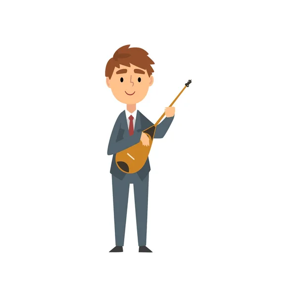 Boy Domra Player, talentoso joven músico personaje tocando instrumento musical acústico en concierto de música clásica Vector Ilustración — Archivo Imágenes Vectoriales