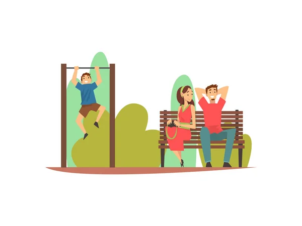 Usmívající se mladý muž a žena sedící na lavičce v parku, hocha zavěšený na vodorovném baru, lidé relaxační v přírodě ilustrace — Stockový vektor