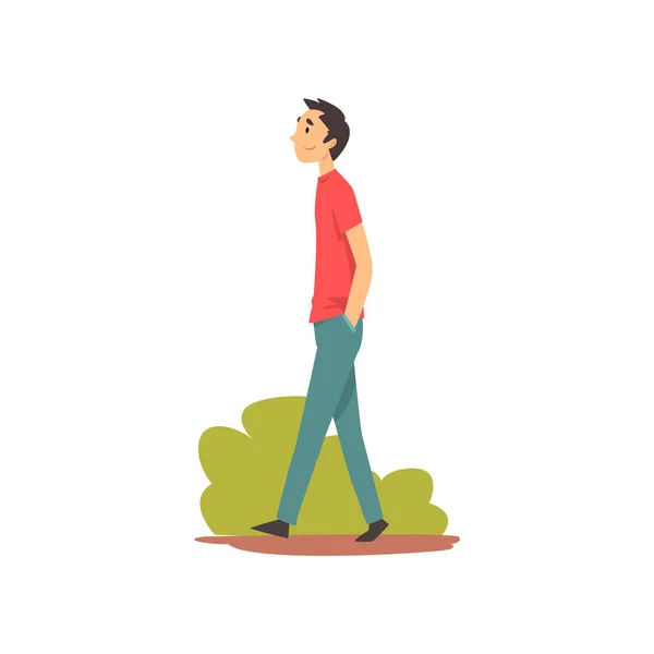 Young Man in Casual Clothes Walking in Park Vector Illustration — 스톡 벡터