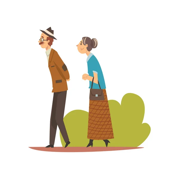 Couple de personnes âgées marchant dans le parc, Homme et femme âgés profitant de la nature en plein air Illustration vectorielle — Image vectorielle