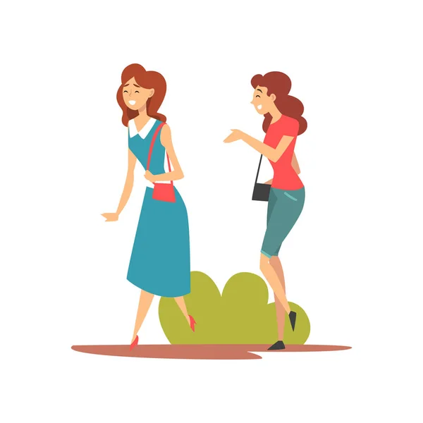 Δύο χαμογελαστά κορίτσια περπάτημα στο πάρκο, νεαρές γυναίκες συζήτηση και απολαμβάνοντας φύση ύπαιθρο διάνυσμα απεικόνιση — Διανυσματικό Αρχείο