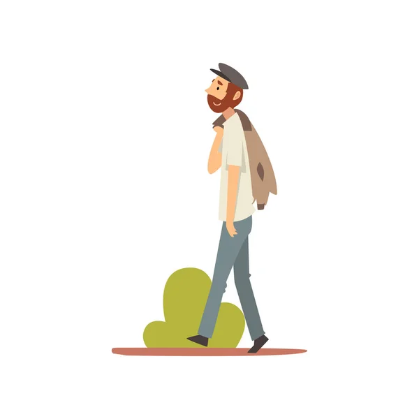 胡子男子走在公园，男人放松和享受自然户外矢量插图 — 图库矢量图片
