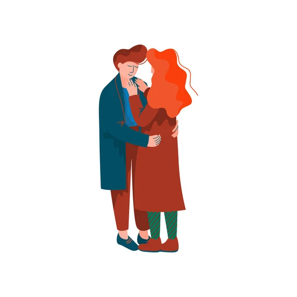 Young Man and Woman Embracing, Happy Romantic Couple Dressed in Seasonal Clothes on Date Vector Illustration — Stock Vector