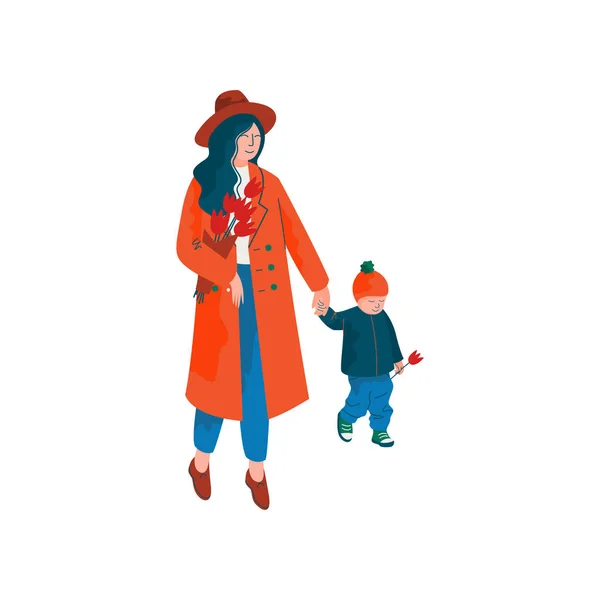 Mãe e seu filhinho andando de mãos dadas, bela mulher vestida de casaco vermelho e chapéu com buquê de flores da primavera Vector Ilustração — Vetor de Stock