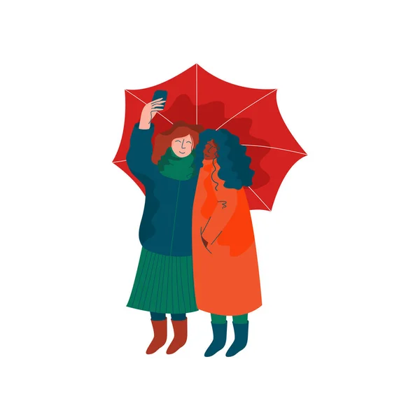Duas meninas vestidas com roupas sazonais Caminhando sob guarda-chuva, Primavera Temporada Atividades ao ar livre Vector Ilustração — Vetor de Stock