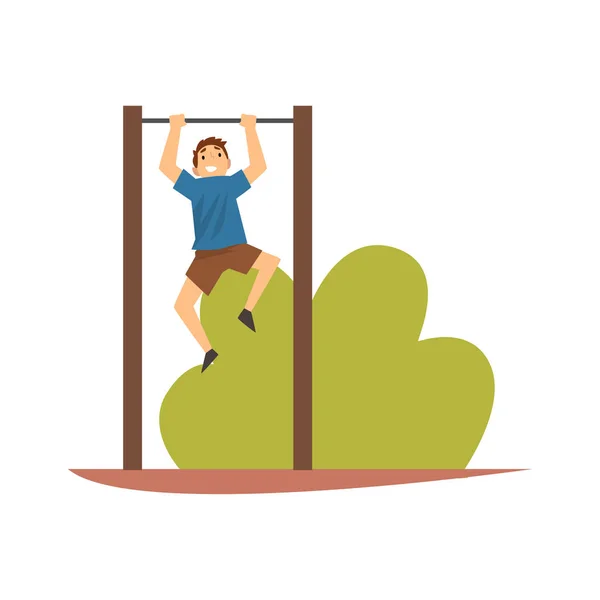 Smiling Boy Hanging on Horizontal Bar in Park or on Playground Vector Illustration — Stock Illustration Smiling Boy Hanging on Horizontal Bar in Park or on Playground Vector Illustration Vector Graphics