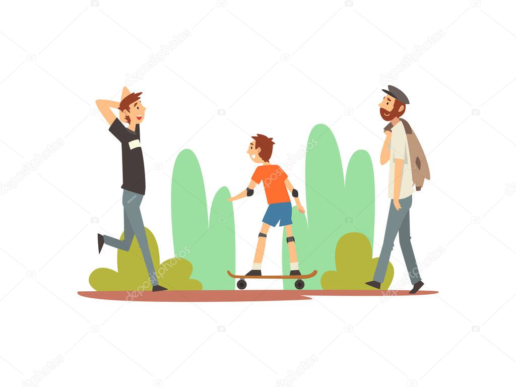 People Relaxing and Doing Sports in Park, Cute Boy Skateboarding, Young Men Walking Vector Illustration