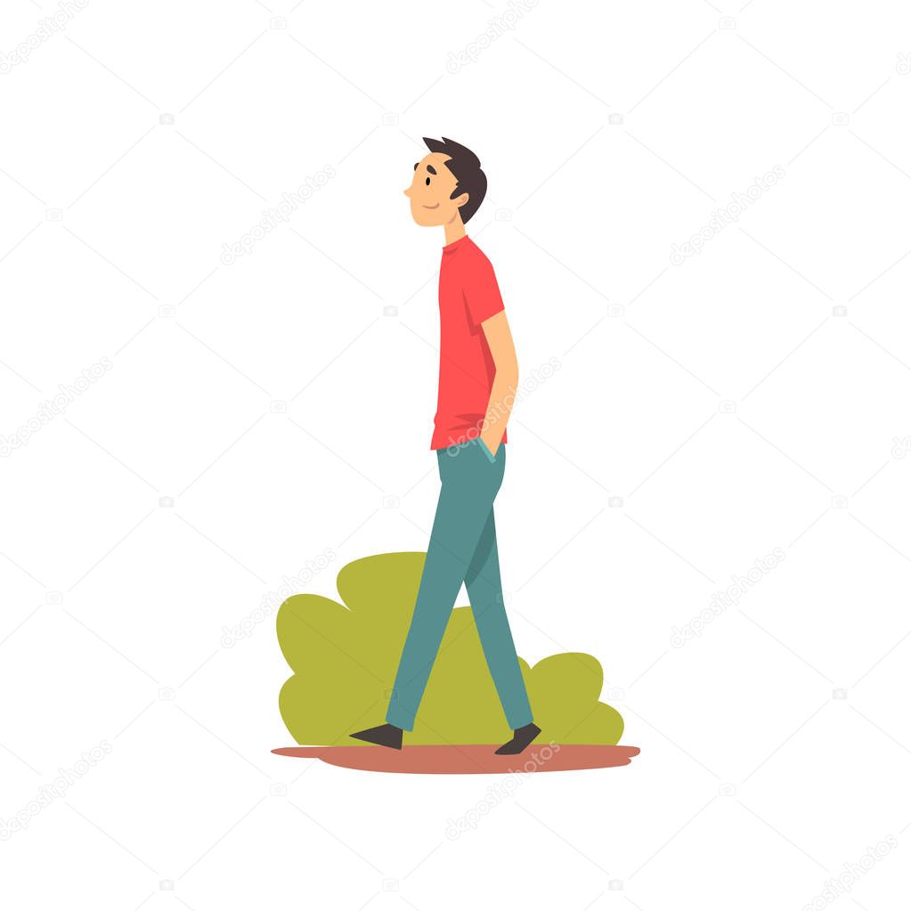 Young Man in Casual Clothes Walking in Park Vector Illustration