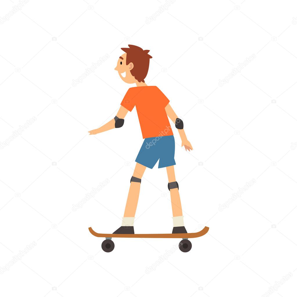 Boy Skateboarding in Park, Kids Physical Activities Vector Illustration