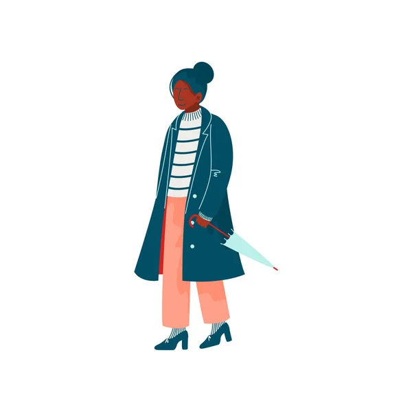 Mooie vrouw gekleed in stijlvolle seizoensgebonden kleren wandelen met paraplu vector illustratie — Stockvector