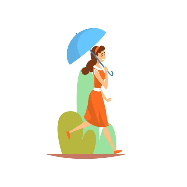 Vacker ung kvinna i röd klänning Walking in Park med paraply, flicka njuter naturen utomhus vektor illustration — Stock vektor