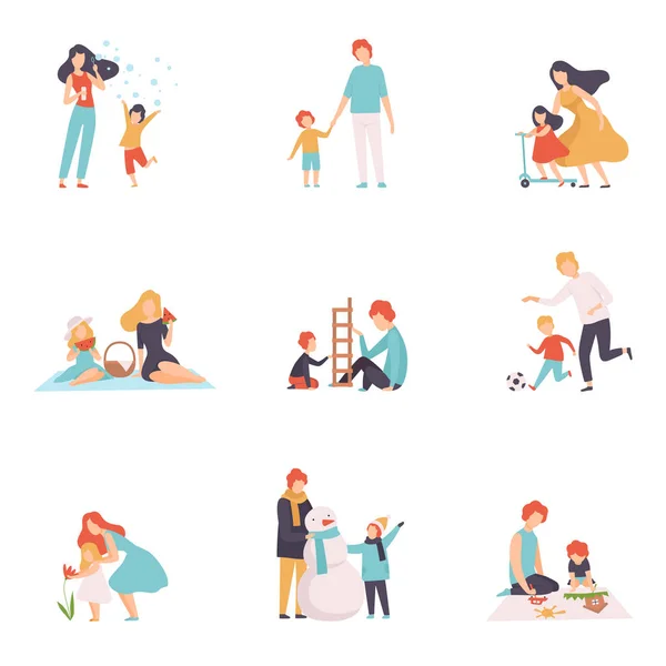 Föräldrar och deras barn spenderar bra tid tillsammans, lycklig familj utomhusaktiviteter vektor illustration — Stock vektor