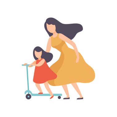 Anne Kick Scooter Ride Kızı Öğretim, Mutlu Aile Açık Hava Etkinlikleri Vektör İllüstrasyon