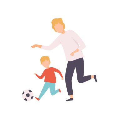 Baba ve Oğlu Futbol Oynarken, Mutlu Aile Açık Hava Etkinlikleri Vektör İllüstrasyon