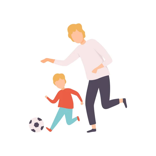 Padre e hijo jugando al fútbol, familia feliz Actividades al aire libre Vector Illustration — Vector de stock