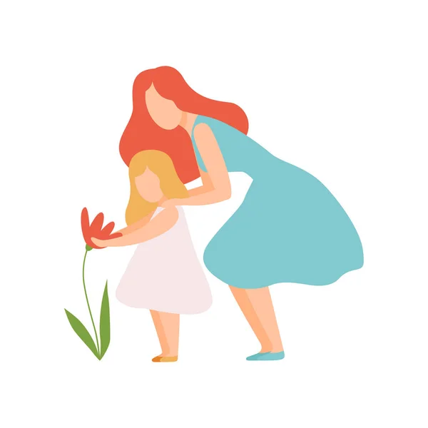 Matka a dcera pohled na krásnou květinu, šťastné rodinné aktivity vektorové ilustrace — Stockový vektor