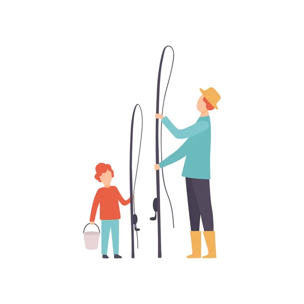 Apa és fia lesz horgászat, boldog család szabadtéri tevékenységek Vector illusztráció — Stock Vector