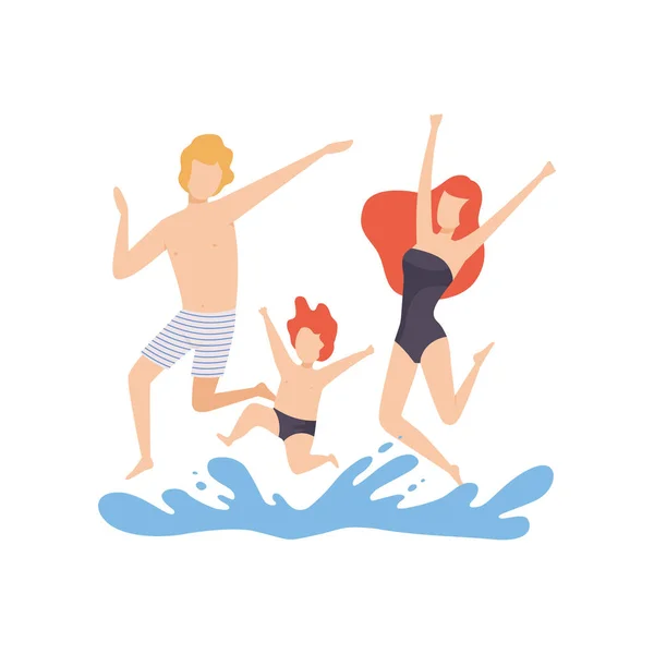 Familia feliz divirtiéndose en la playa, madre, padre e hijo teniendo vacaciones de verano en la orilla del mar Vector ilustración — Vector de stock