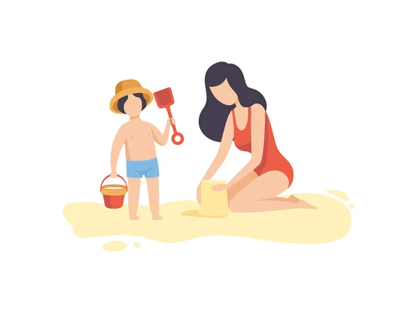 Mama i jej syn gra na piaszczystej plaży, Happy Family ciesząc się lato wakacje na Seashore wektor ilustracja — Wektor stockowy