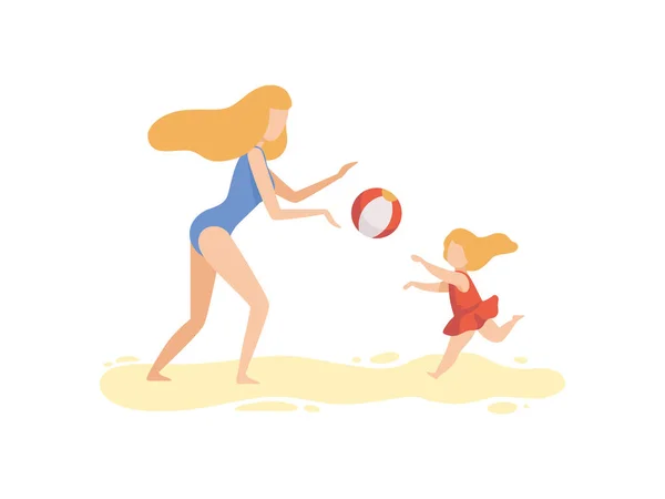 Matka i jej córka gra z Ball na plaży, Happy Family ciesząc się lato wakacje na Seashore wektor ilustracja — Wektor stockowy