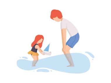 Baba ve Kızı Sahilde Oyuncak Tekne ile oynarken, Mutlu Baba ve Kızı Seashore Vektör İllüstrasyon Yaz Tatili Zevk