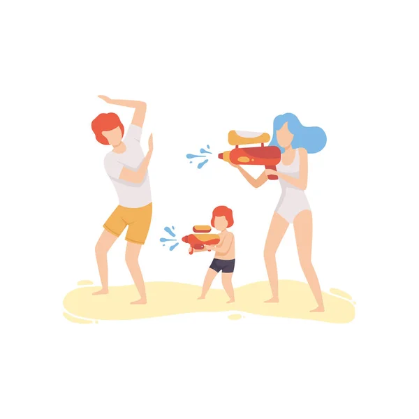 Mom, Dad and Son Playing Water Gun on Beach, Happy Family Enjoying Summer Vacation on Seashore Vector Illustration