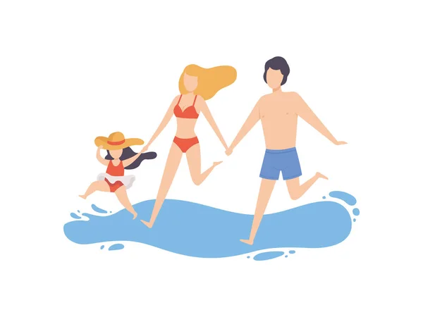 Mom, Dad and Daughter Running on Beach, Happy Family Enjoying Summer Vacation on Seashore Vector Illustration