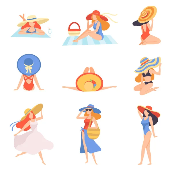 Chicas en trajes de baño y sombreros tomando el sol en la playa, Vista trasera, hermosa mujer joven disfrutando de vacaciones de verano en la orilla del mar Vector Ilustración — Vector de stock