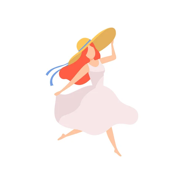 Mädchen in weißem Kleid und Strohhut, schöne junge Frau genießt Sommerferien Vektor Illustration — Stockvektor