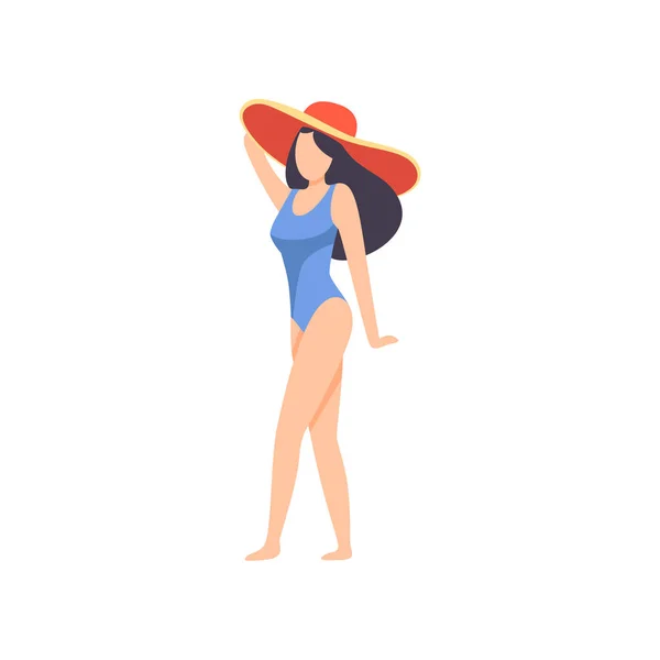 Chica en traje de baño azul y sombrero rojo, hermosa mujer joven disfrutando de vacaciones de verano en la costa Vector Ilustración — Archivo Imágenes Vectoriales