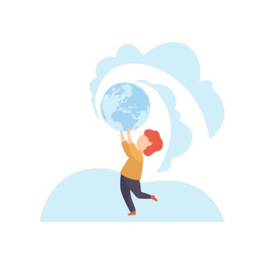 Cute Boy Holding Earthl Globe Onun Baş Vektör İllüstrasyon Üzerinde