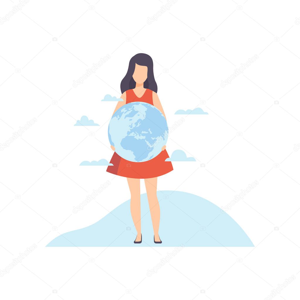 Young Woman Holding Earth Globe in Her Hands Vector Illustration