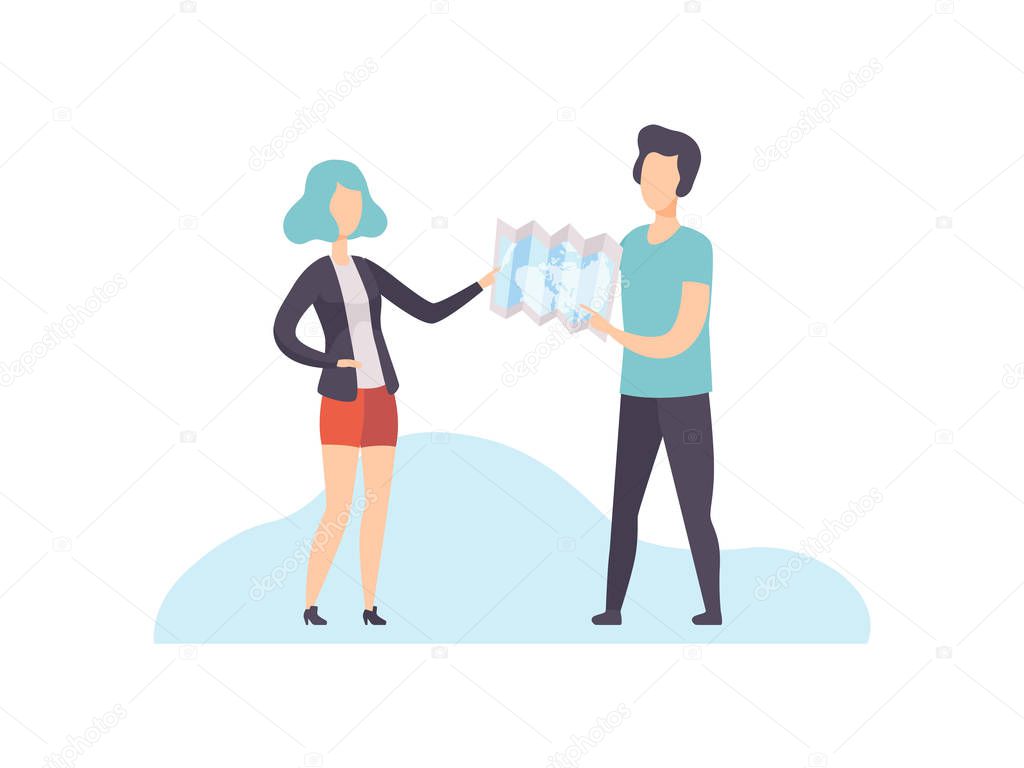 Young Man and Woman Standing and Exploring Terrain on Map Vector Illustration