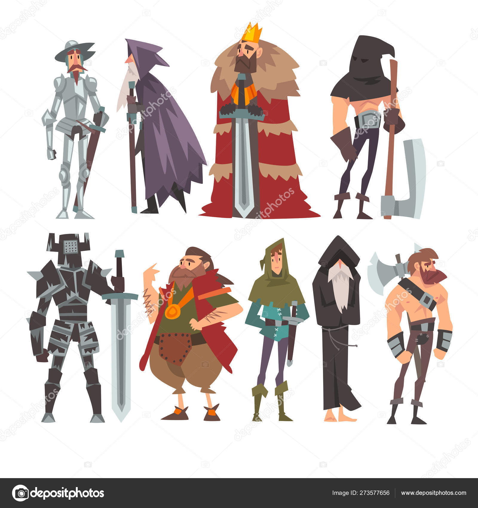 Medieval Historical Cartoon Characters In Traditional Costumes Set Warrior King Knight Old Wizard Monk Executioner Vector Illustration Stock Vector Image By C Topvectors
