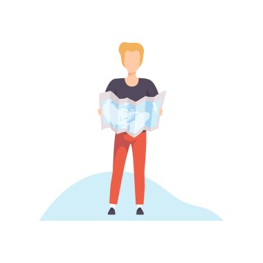 Elinde Kağıt Harita Tutan Genç Adam Ellerinde Vektör İllüzyonu