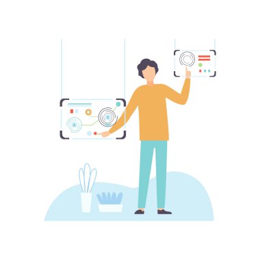 Sanal Tablet Ekranı Kullanan Adam, Modern Teknolojiler, Yenilikçi Gadget Vektör İllüstrasyon