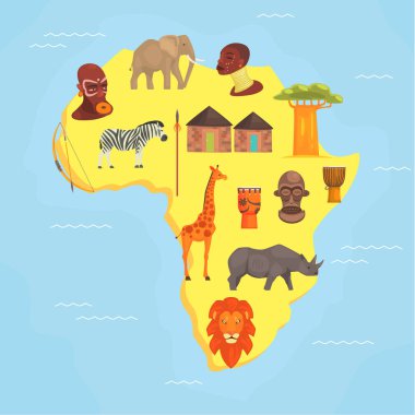 Afrika Haritası, Vahşi Hayvanlarla Afrika Kıtası Sembolleri, Aborjinler Vektör Illustratio