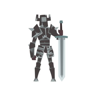Knight In Full Body Armor Suit with Sword, Geleneksel Kostüm Vektör İllüstrasyon ortaçağ tarihi çizgi film karakteri