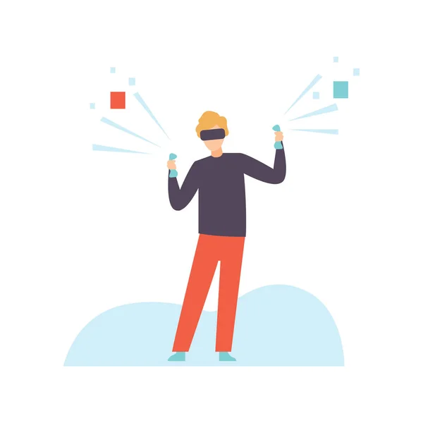 Uomo in VR Goggle Headset Giochi di gioco, Tecnologie virtuali moderne, Innovative Gadget Vector Illustrazione — Vettoriale Stock