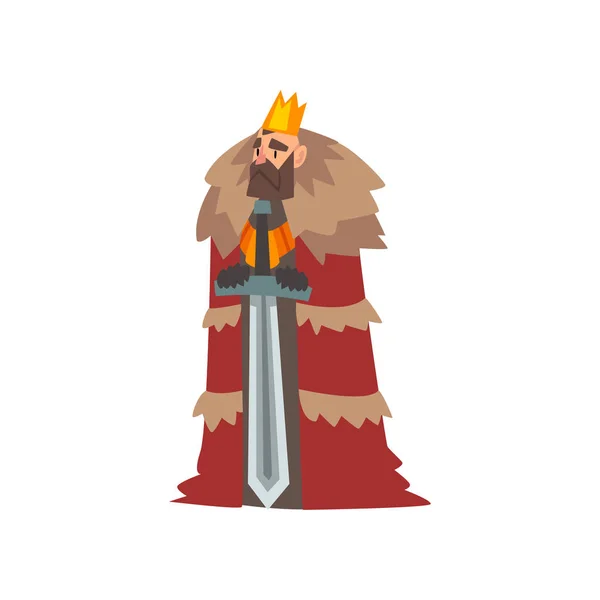Re maestoso nel mantello rosso e nella corona d'oro, personaggio storico medievale dei cartoni animati nell'illustrazione vettoriale del costume tradizionale — Vettoriale Stock