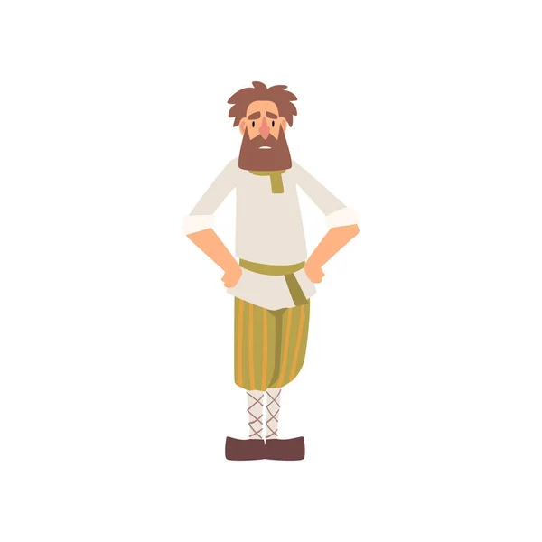 Hombre campesino, personaje de dibujos animados históricos medievales en la ilustración de vectores de vestuario tradicional — Vector de stock