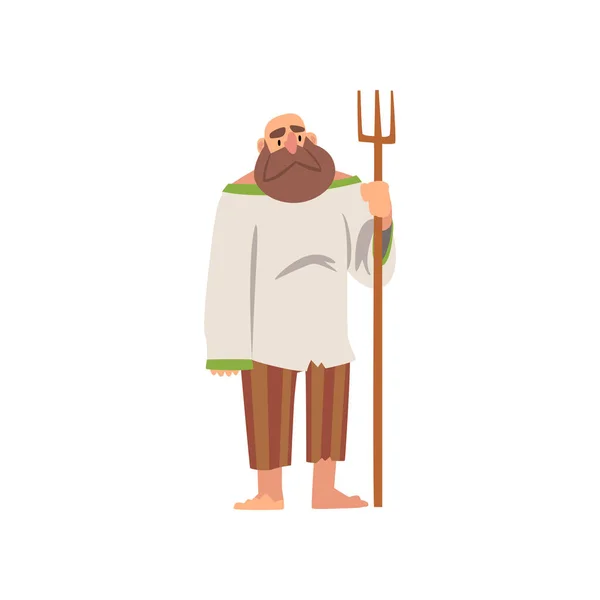 Hombre barbudo con horquilla, personaje de dibujos animados históricos medievales en traje tradicional de campesino Vector Ilustración — Vector de stock