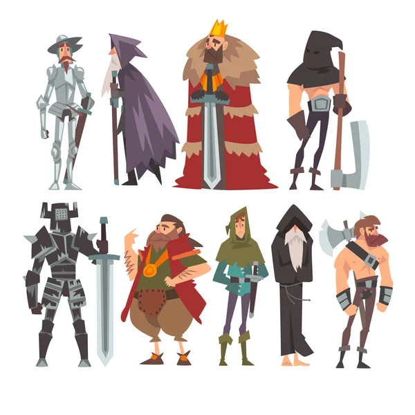 Medeltida historiska seriefigurer i traditionella kostymer set, krigare, kung, riddare, Gammal trollkarl, munk, Executioner vektor illustration — Stock vektor
