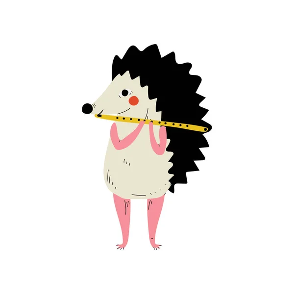 Hedgehog Playing Flute, Cute Cartoon Animal Musician Character Playing Musical Instrument Vector Illustration — Stock Vector