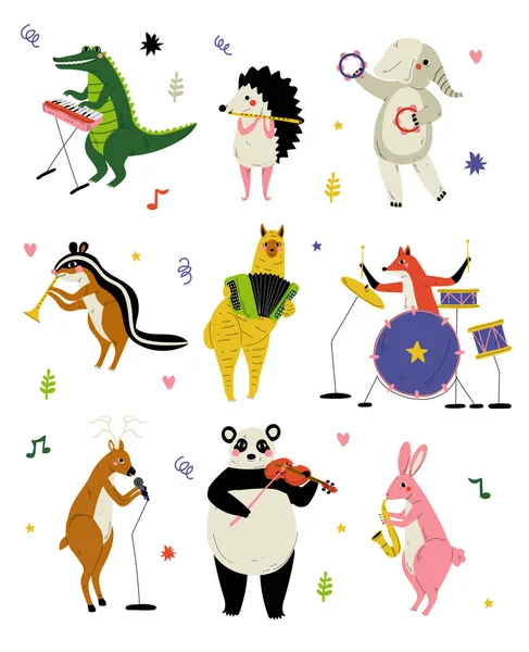 Колекція симпатичних мультиплікаційних тварин музиканти персонажів грають різні музичні інструменти, Крокодил, їжачок, Слон, ховрашок, Альпака, Олень, панда ведмідь, кролик, лисиця Векторна ілюстрація — стоковий вектор