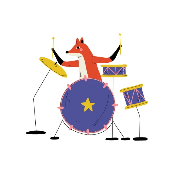 Fox Playing Drums, Sevimli Karikatür Hayvan Müzisyen Karakter Vurma Perküsyon Müzik Aleti Vektör İllüstrasyon — Stok Vektör