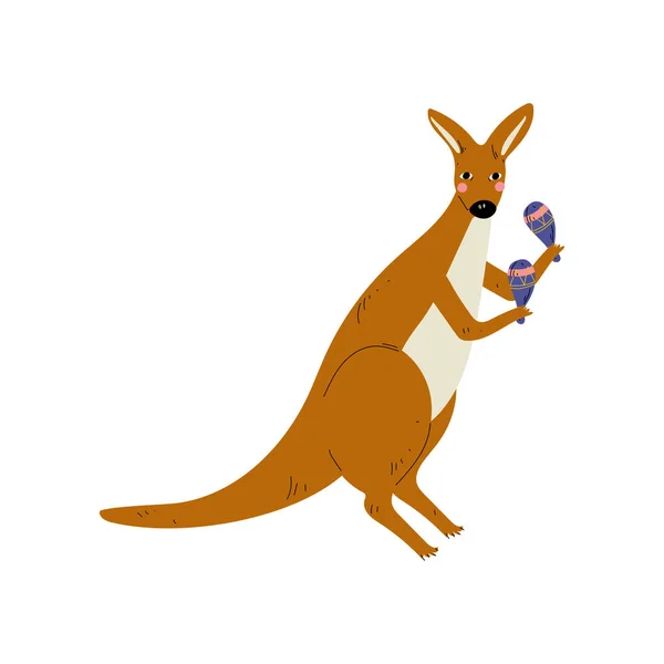 Kangourou jouant Maracas, mignon dessin animé animal musicien personnage jouant instrument de musique vectoriel Illustration — Image vectorielle