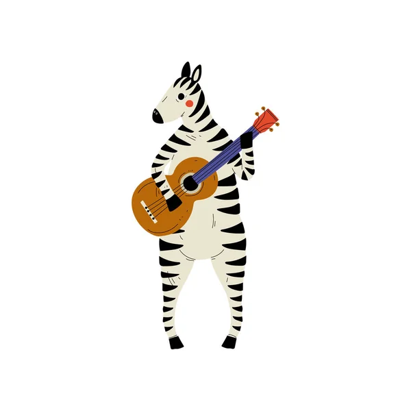 Zebra gra na gitarze, Cute Cartoon Animal Music Character Grając akustyczny instrument muzyczny Wektor Ilustracja — Wektor stockowy